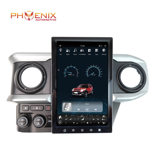 Car stereo system with touchscreen display and Phoenix Automotive logo.